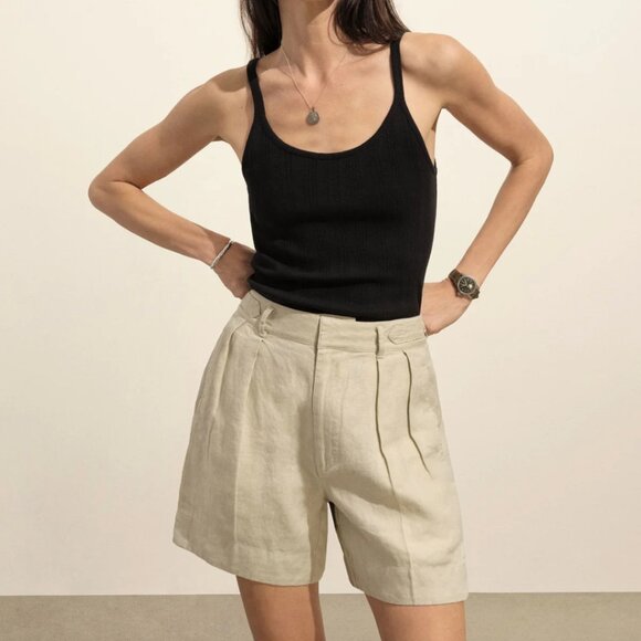 Buck Mason Pants - Buck Mason Riviera Tan Linen High-Waisted Pleated Short Size 30